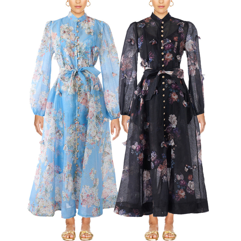 Australian Fashion Printed Light Luxury Heavy-Duty Floral Single-Breasted Lantern Sleeve Long Dress with a Large Hem