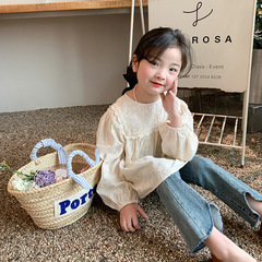 Elmo Beibei heavy industry model!  Spring and autumn new style medium and large girls' jacquard embroidery temperament lace long-sleeved shirt