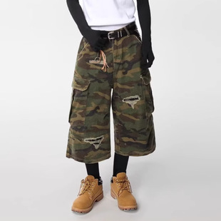 Summer American High Street Camouflage Distressed Washed Cropped Pants for Men Loose Straight Trendy Brand Handsome Work Shorts