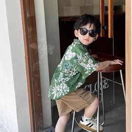 2026儿童花衬衫男童夏装港风海边度假风时尚洋气宝宝短袖开衫上衣