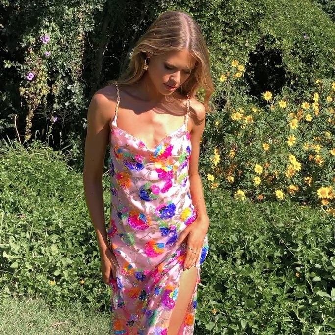 2022 cross-border new off-neck backless sequined floral gold chain Women's split dress