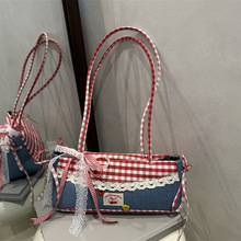 休闲格子帆布包包女2025新款时尚芭蕾风少女感腋下包大容量单肩包