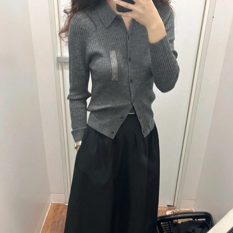 2024 New Autum Worsted Merino Wool Ribbed Polo Collar Knitted Cardigan Long-Sleeved Bottoming Shirt 469483