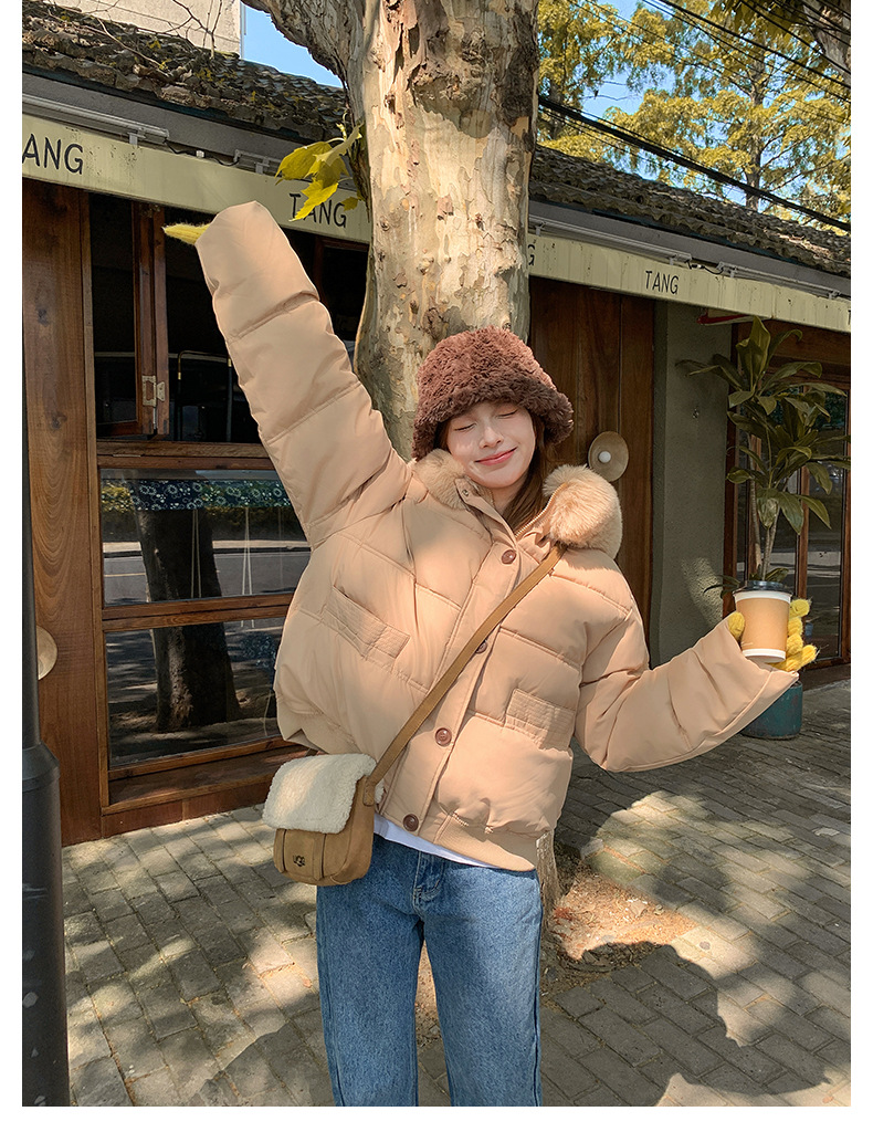 Big fur collar 2024 winter new Korean version loose short clothing cotton women's hooded thickened Down jacket_voghion.com