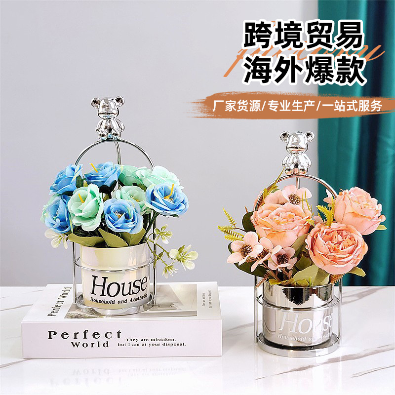 Cross-Border Iron Art Ceramic Vase Flower Arrangement Ornaments Hydroponic Dried Flower Vase Model Room Living Room Dining Table Cafe Wholesale