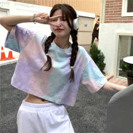 扎染短款短袖韩版宽松露脐t恤设计感小个子女夏新款辣妹上衣ins潮