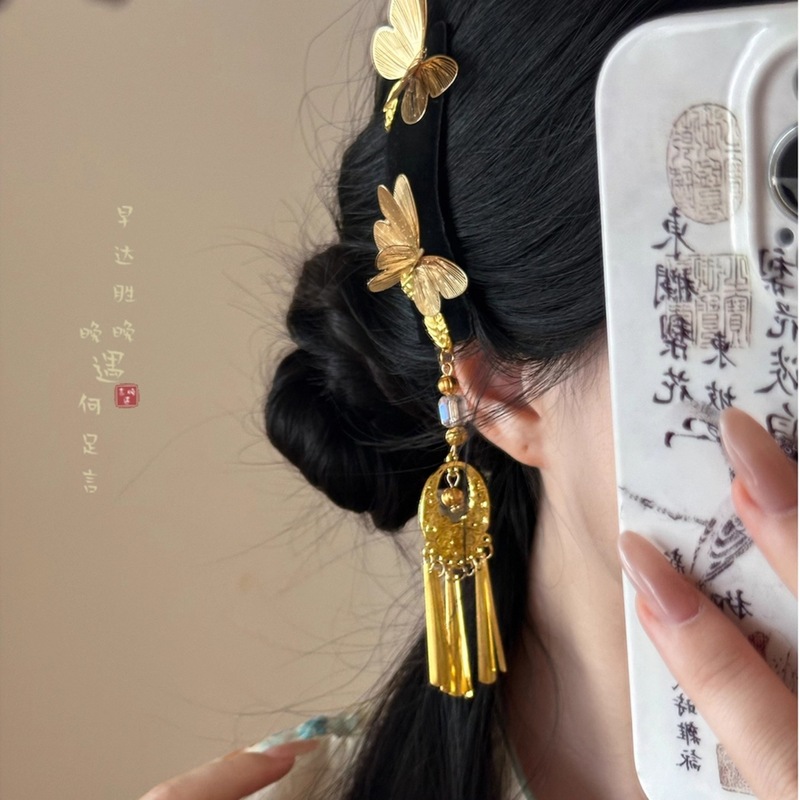 金色蝴蝶流苏发夹女新中式复古高级感夹子古风国风刘海侧边夹发饰|undefined
