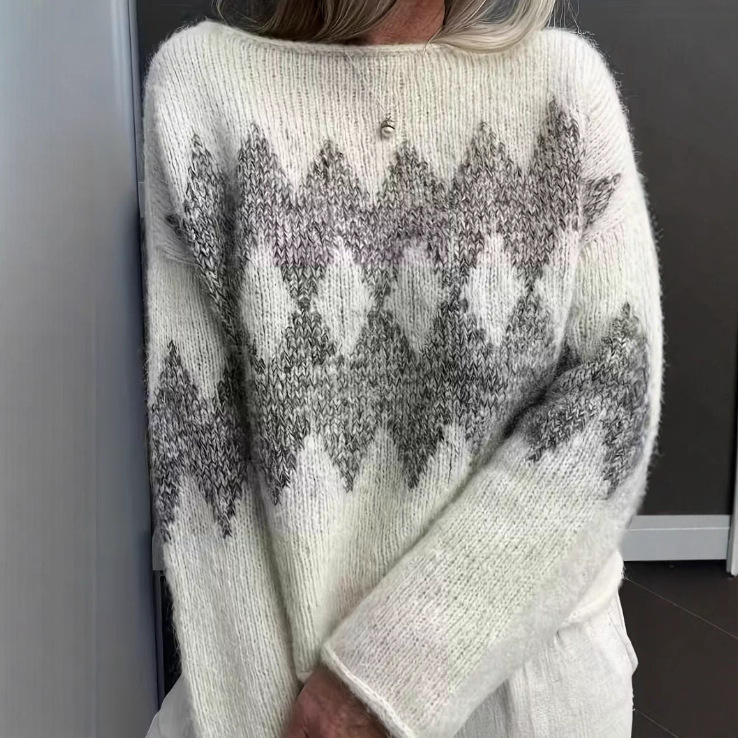 Scandinavian Style Rhombus Jacquard Knitted Sweater, Off-White Gray Contrasting Round Neck Loose Top, Retro Lazy Style Item Scandinavian Style Rhombus Jacquard Knitted Sweater, Off-White Gray Contrasting Round Neck Loose Top, Retro Lazy Style Item