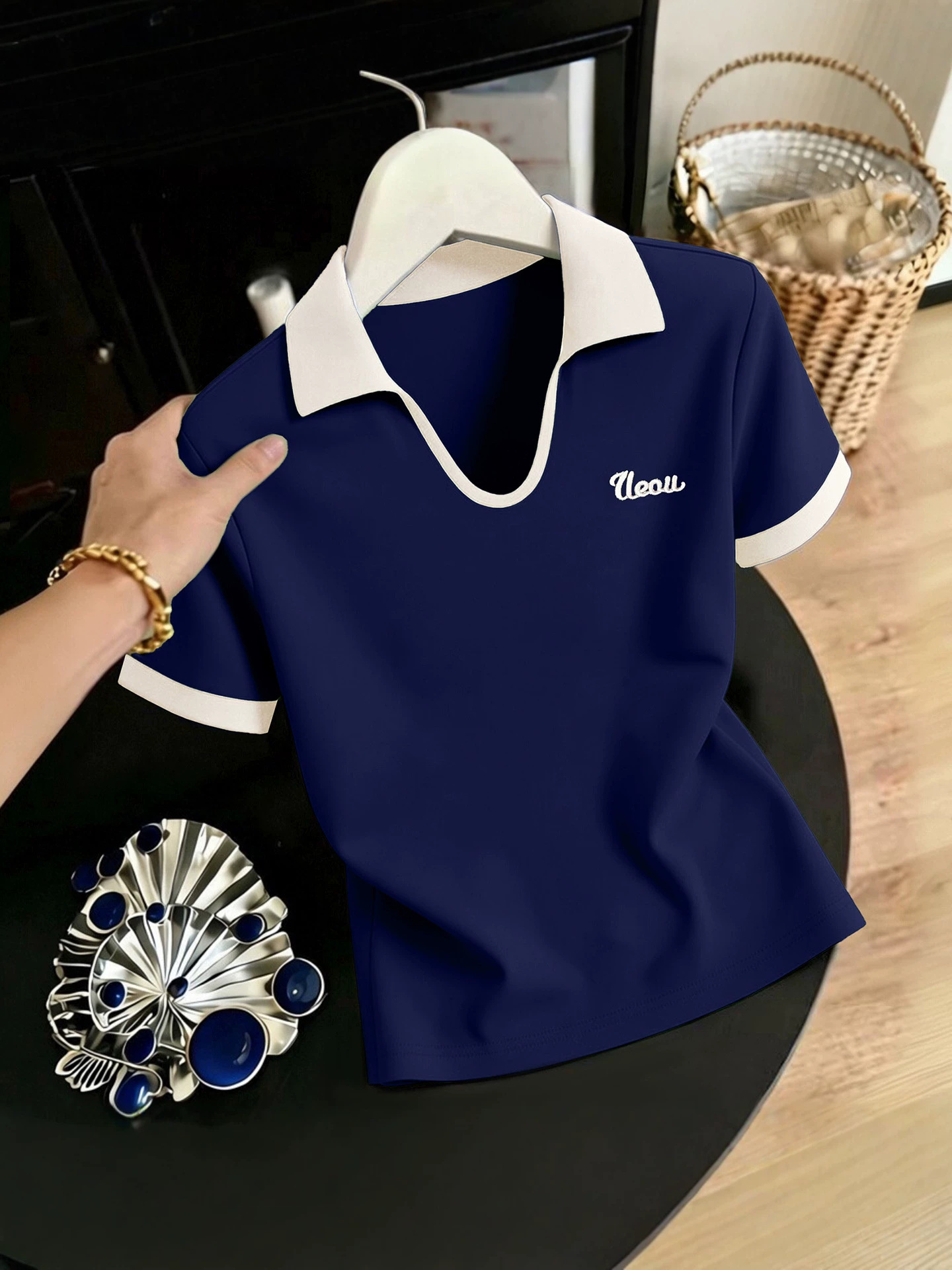 Summer Color-Block Polo Shirt Short-Sleeve T-Shirt for Women, New Summer Style with Doll Collar, Versatile Casual Middle-Aged Turn-Down Collar Top T-Shirt