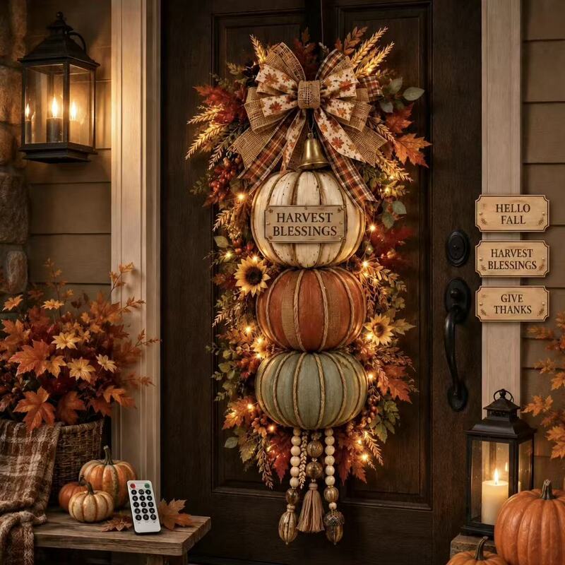 Cross-border Lighted Stacked Pumpkin Fall Door Decor