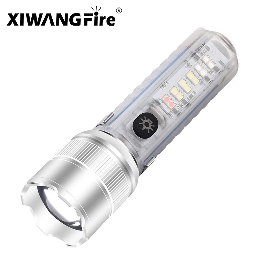 Nuevo blanco linterna láser gancho magnético luz lateral LED rojo azul flash camping luz fuerte luz telescópica zoom