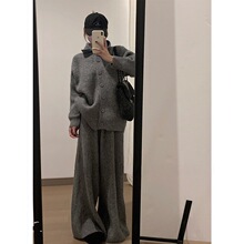 跨境秋冬新款针织套装翻领宽松慵懒风毛衣开衫女休闲阔腿裤两件套