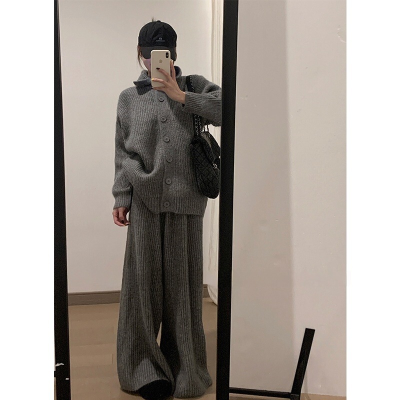 Cross-Border Autumn and Winter New Knitted Suit Lapel Loose Lazy Style Sweater Cardigan Women's Casual Wide-Leg Pants Two-Piece Set