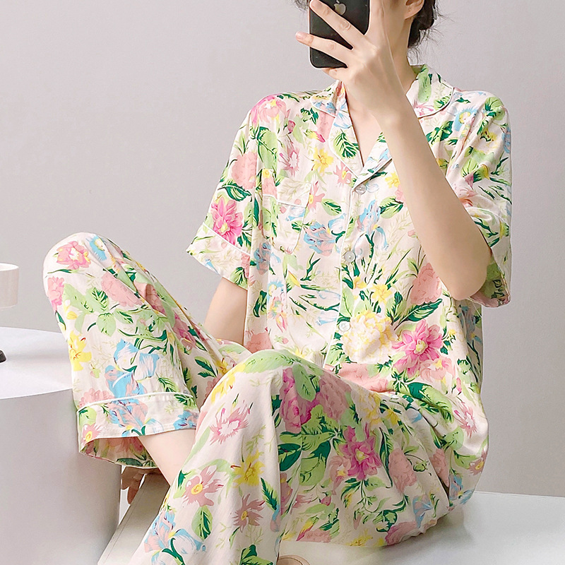 Summer High-End Cotton Silk Pajamas, Women's Home Clothes, Breathable Thin Short-Sleeved Artificial Cotton Suits That Can Be Worn Outside, Two-Piece Set Summer High-End Cotton Silk Pajamas, Women's Home Clothes, Breathable Thin Short-Sleeved Artificial Cotton Suits That Can Be Worn Outside, Two-Piece Set