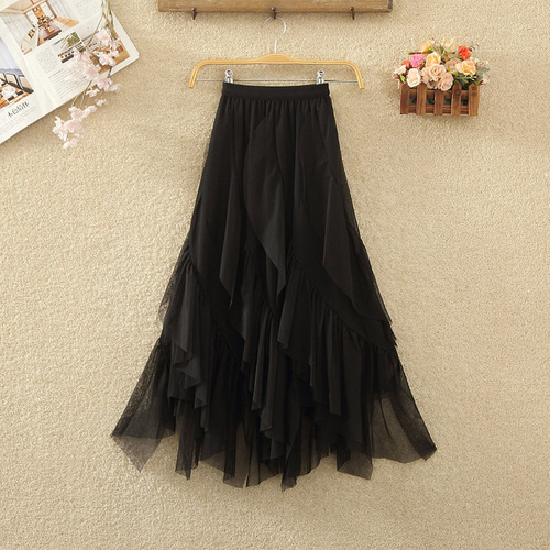 Irregular ruffled chiffon skirt, women's spring/autumn high-waisted skirt, half-length skirt, maxi skirt with a voluminous hem that creates a slimming effect.