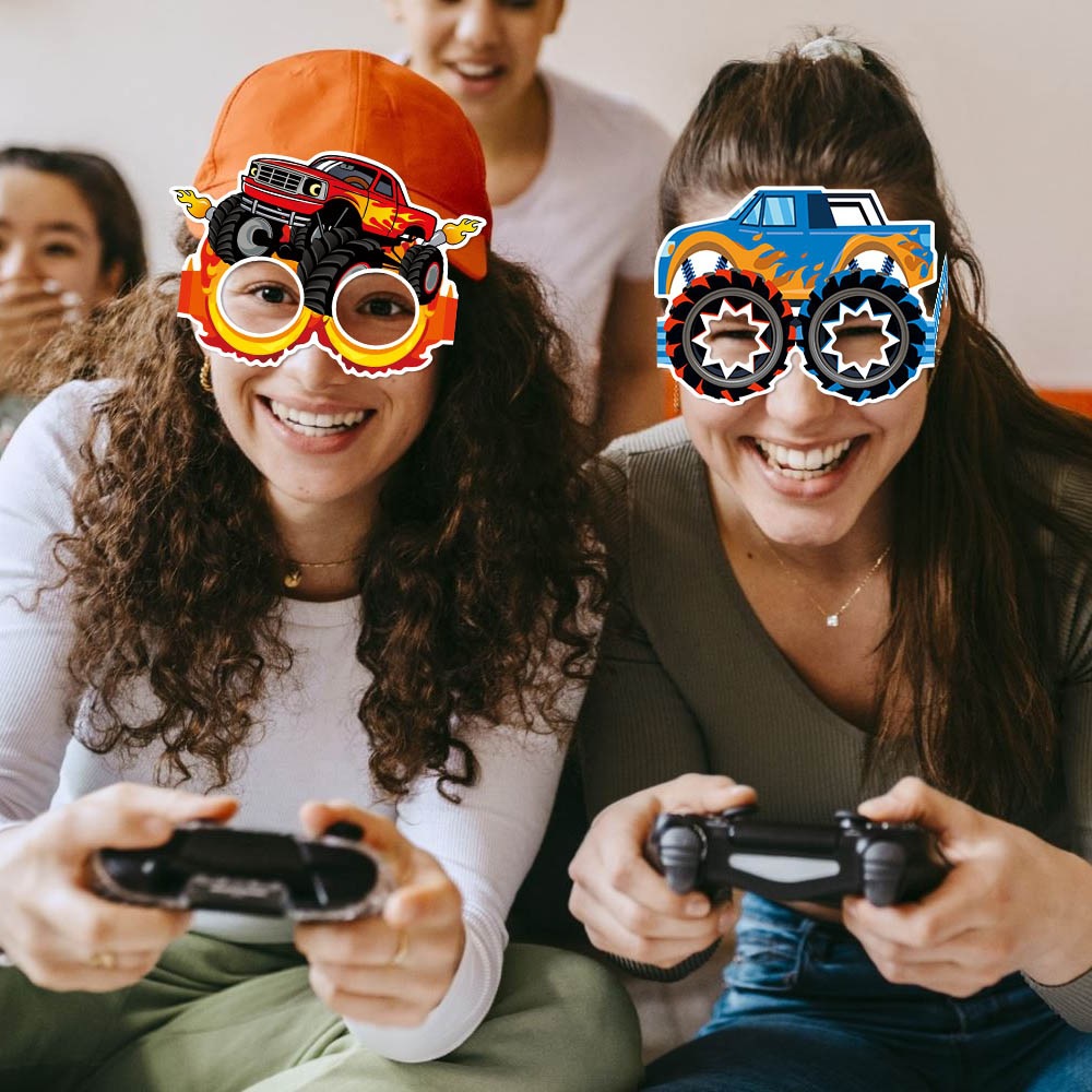 Monstruos transfronterizos camiones de cumpleaños para niños gafas de papel decoración de cumpleaños para vehículos todoterreno gafas de fotos