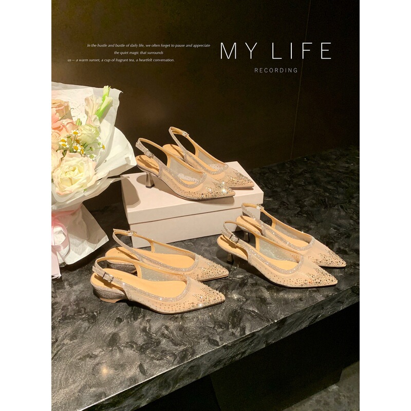 Grape Mom's Same Style Closed-Toe Sandals for Women, Summer Chunky Heel, Stunning Fairy-Style, Sparkling Rhinestone Mesh, Open-Back High-Heeled Shoes