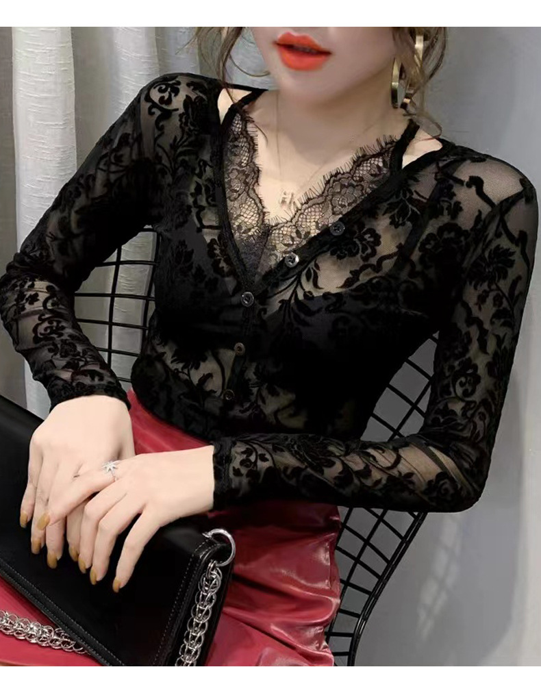 ​​"Beflocktes V-Ausschnitt-Langarmshirt aus Mesh – Sonnenschutzbluse aus Hohlspitze für Damen"​​_voghion.com