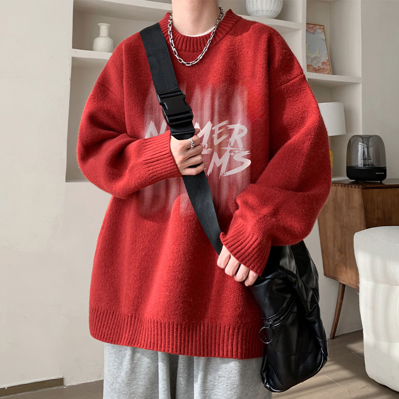 Fuzzy Letter wine red Crewneck Sweater Men's Autumn and Winter Thickened Laid-back Style Knitted Base Shirt Sweater Jacket