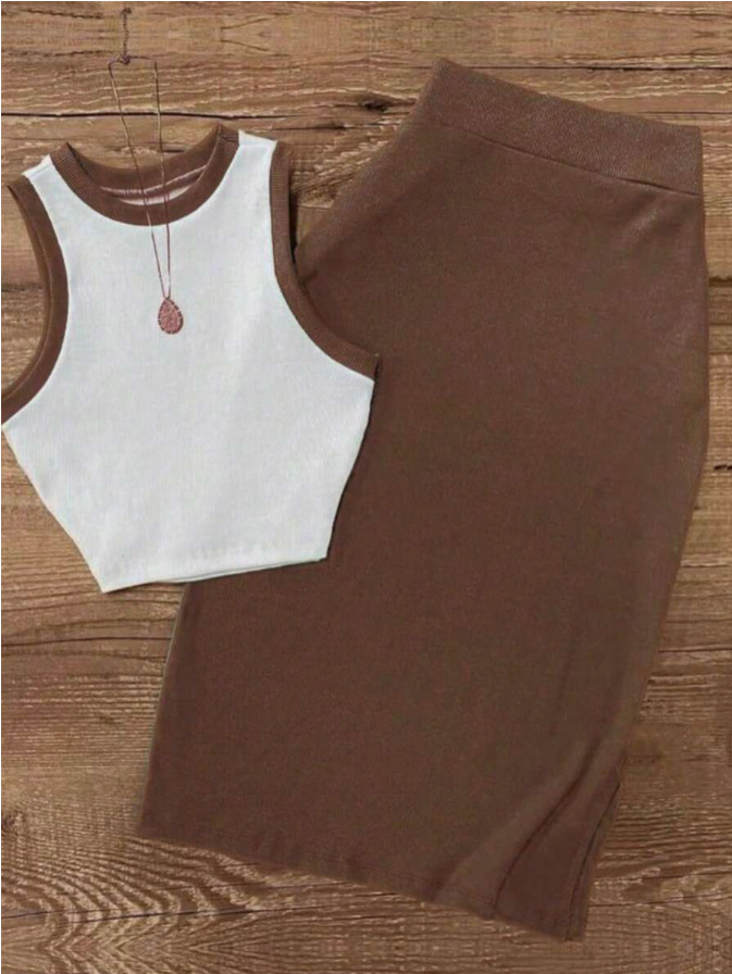 Blusa corta sin mangas de punto roscado para mujeres transfronterizas con traje de falda corta casual y elegante juego de dos piezas