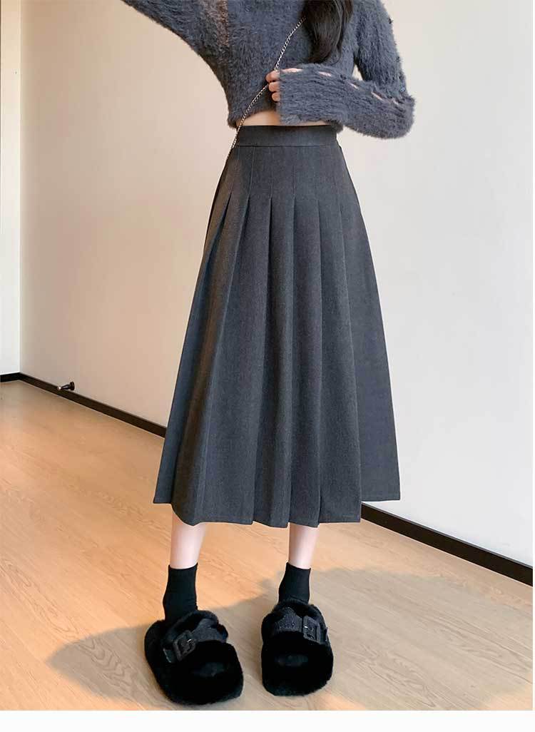 2023 outono/inverno nova saia plissada espessada com elástico e cintura alta emagrecimento e ajuste solto temperamento saia de comprimento médio_voghion.com
