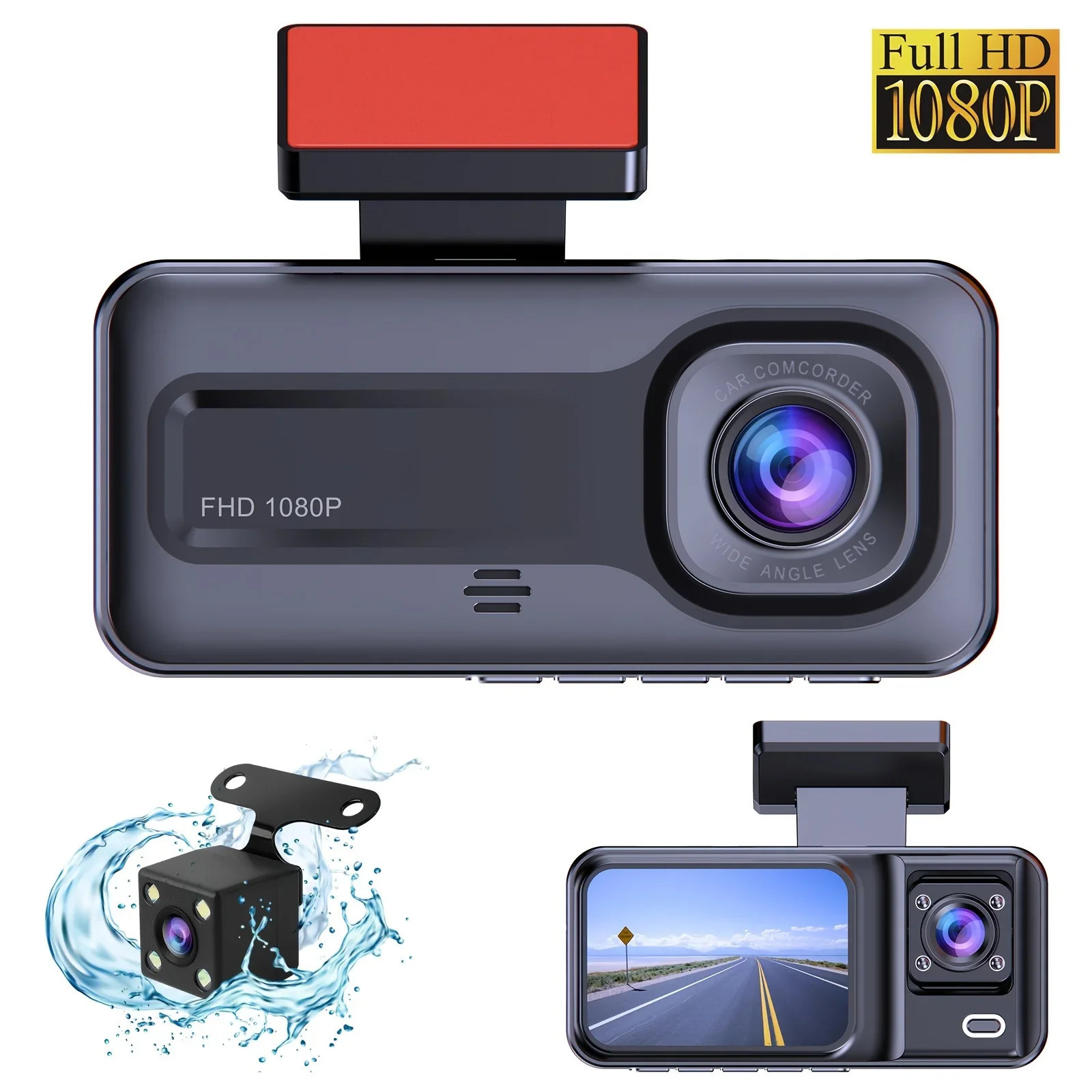 Three-Lens Dash Cam with Front, Rear, and Interior 1080P Full Hd Video, In-Car Dvr, and Parking Monitoring