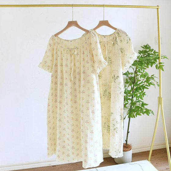 New Women's Cotton Double Gauze Mid-Length Short-Sleeved Nightdress Fresh Small Floral Outer-Wearing Sweet Home Dress