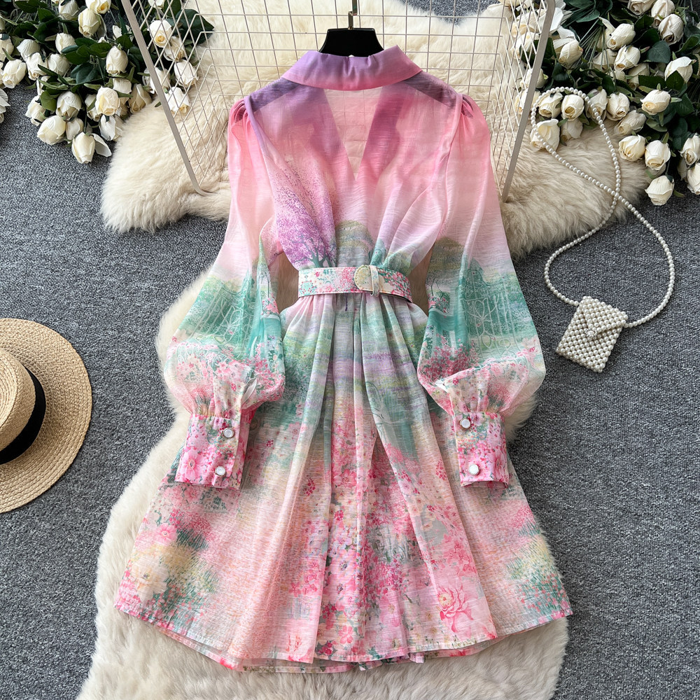 Women's French Romantic Gradient Print Dress Long Sleeve Single Breasted Button down Waist Tie Elegant Long Summer Dress_ecoleips.com