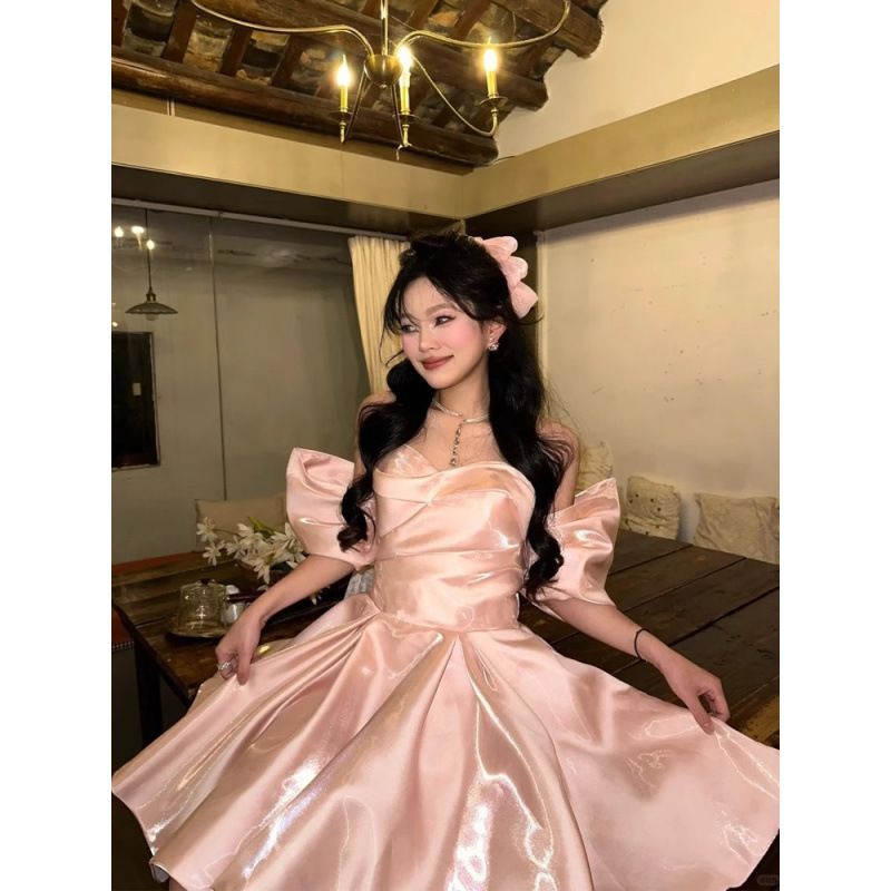 フレンチライトラグジュアリー大人ドレスデザイン気質ショート宴会誕生日パーティーワンショルダーピンクプリンセスドレス|undefined