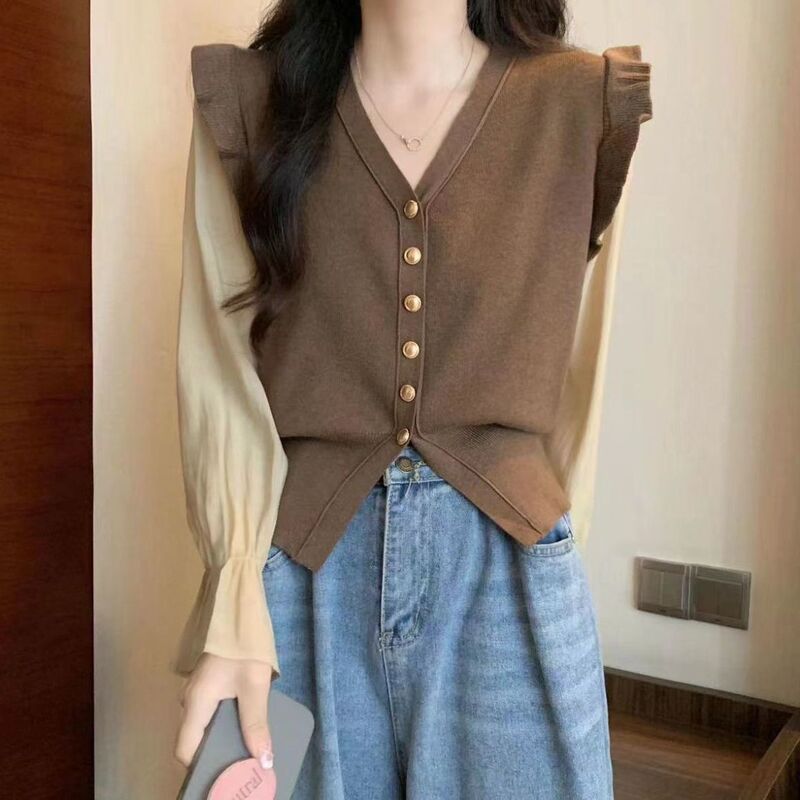 胖MM大码秋冬荷叶边V领针织衬衣开衫拼接泡泡袖假两件长袖女上衣|undefined
