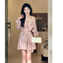 一字肩碎花雪纺连衣裙女夏感宽松法式气质小个子温柔风短裙子