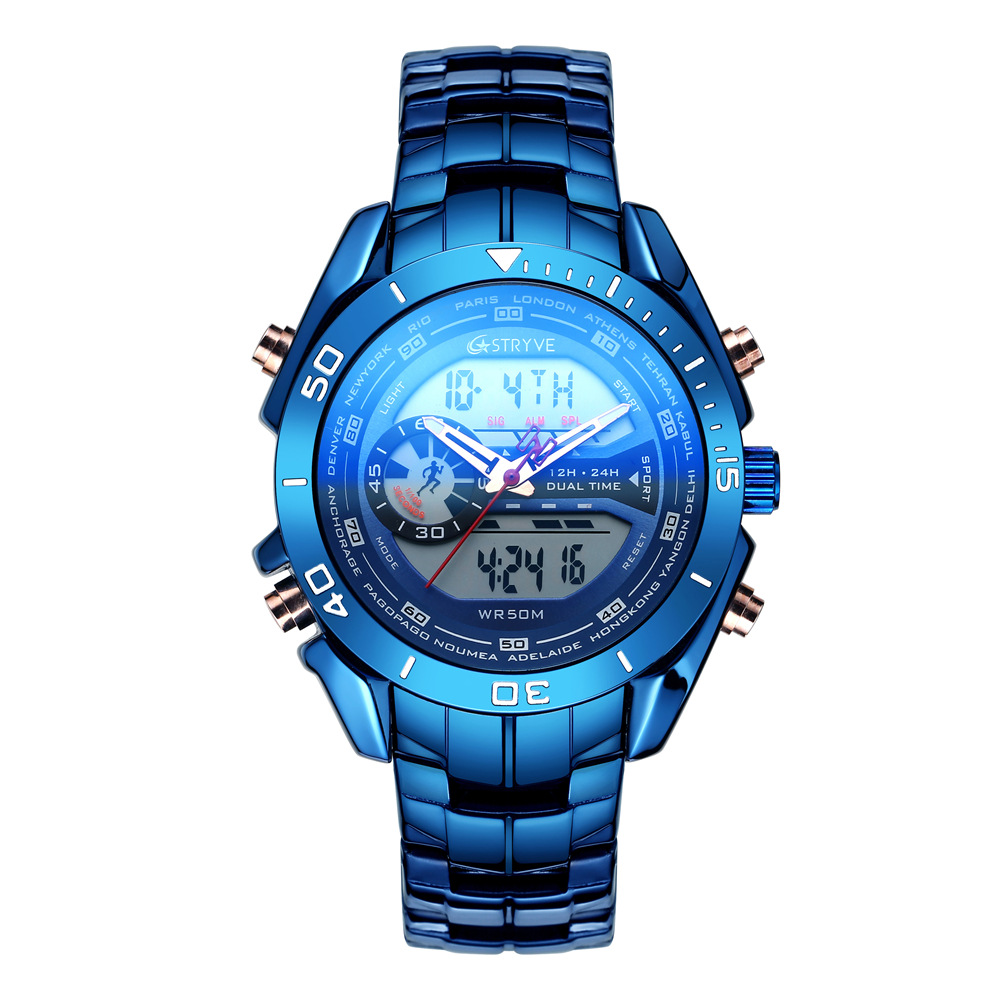STRYVE reloj de correa de acero inoxidable de moda para hombre doble pantalla reloj electrónico impermeable reloj de cuarzo para hombre S8019