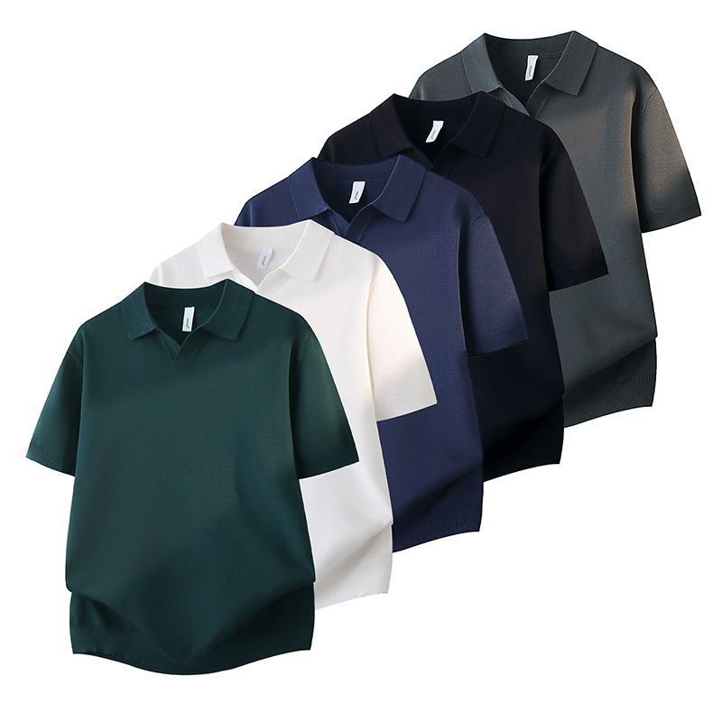 Polo camiseta de punto camiseta de manga corta hombre cuello V gaviota cuello viejo viento delgado camiseta de hielo de seda de verano fábrica transfronteriza al por mayor