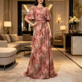 2026夏季新款欧美时尚气质收腰长裙女撞色印花晕染连衣裙礼服裙