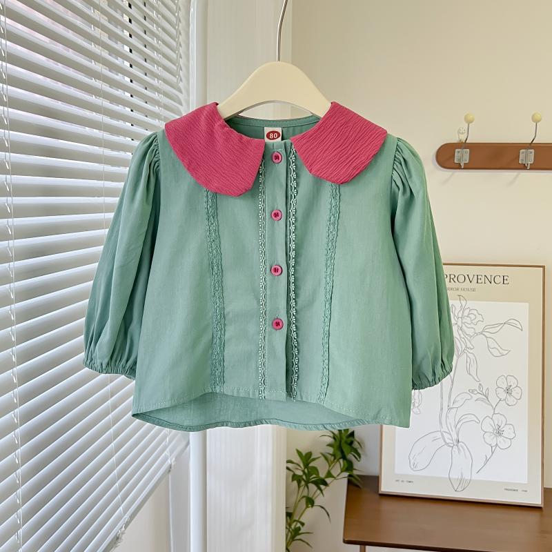 Camisa para niñas 2022 Primavera y otoño Nuevo estilo coreano solapa cuello redondo color sólido bordado color sólido estilo occidental manga larga camisa para niños
