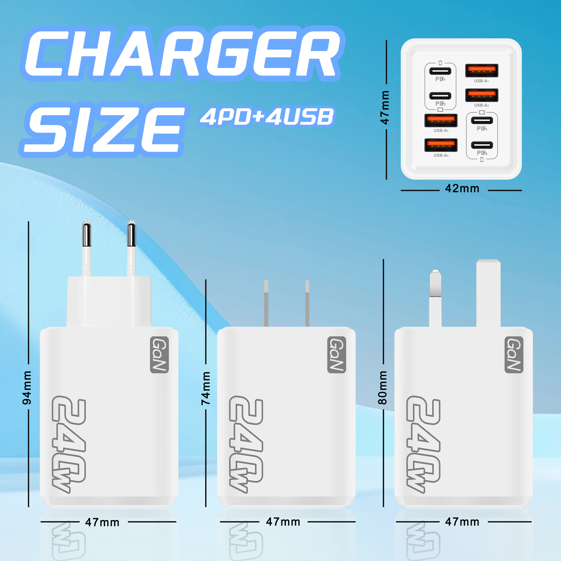 240W High-Quality Multi-Port PD Fast Charger, 4 USB-A & 4 Type-C Wall Adapter, US EU UK Universal Plug Charging Block For Smartphones_voghion.com