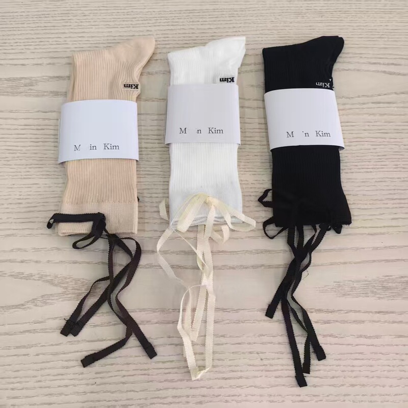 Korean Matin Kim Solid Color Double-Needle Women's Socks with Embroidery, Spring and Summer Thin Cotton Trendy Brand Ribbon Socks, Fashionable and Breathable Korean Matin Kim Solid Color Double-Needle Women's Socks with Embroidery, Spring and Summer Thin Cotton Trendy Brand Ribbon Socks, Fashionable and Breathable