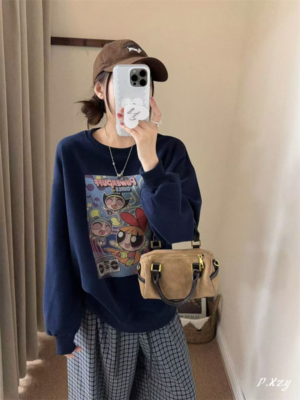 025慵懒风圆领卫衣女秋季新款薄款宽松韩版oversize女式上衣bf外|undefined