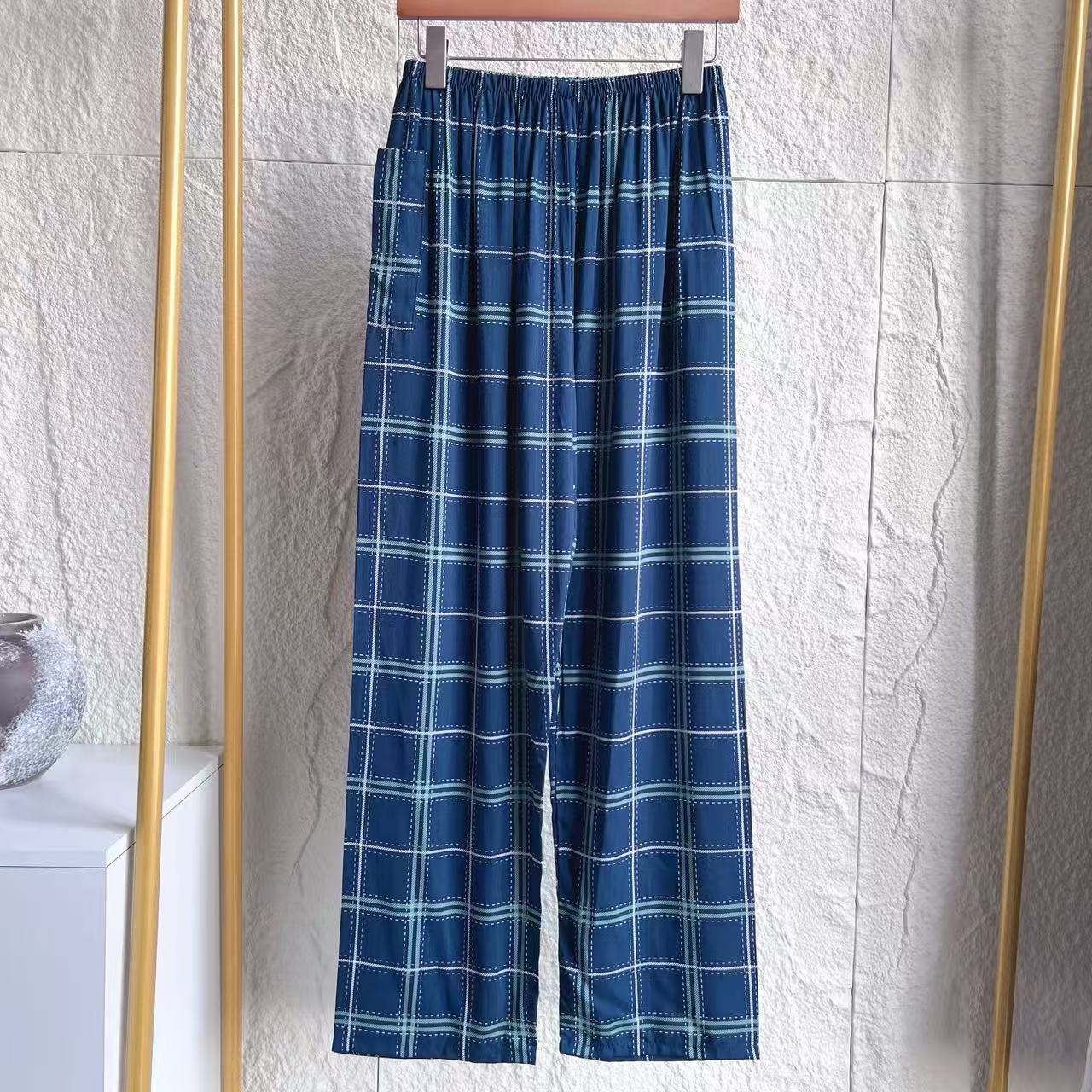 남성용 긴 바지, 32 사이즈, 블루 컬러 빅 체크 패턴