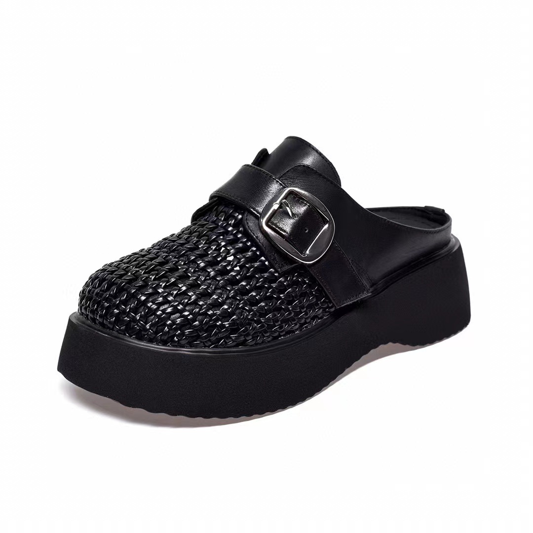 Dép nữ đế dày mũi kín khoét lỗ da thật kiểu Birkenstock — đen