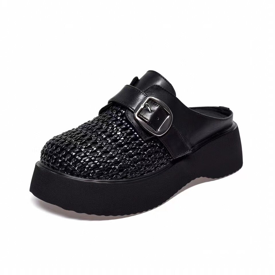 Dép nữ đế dày mũi kín khoét lỗ da thật kiểu Birkenstock — đen