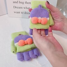 韩版卡通毛绒毛线保暖女生冬季学生彩色半指翻盖加厚防寒露指手套