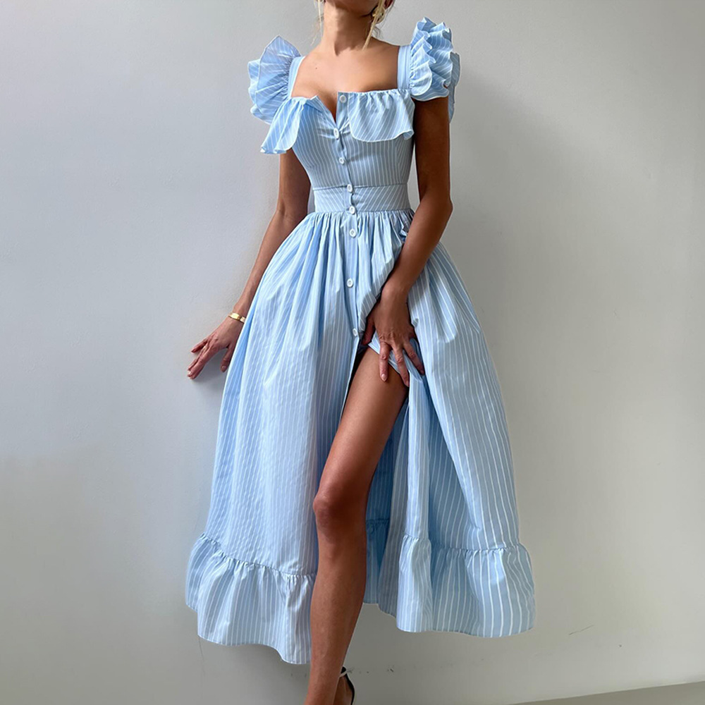 Women's Clothing Striped Dress Button Down Cardigan Waist Cinching Long Dress Summer New Style Flutter Sleeve_ecoleips.com