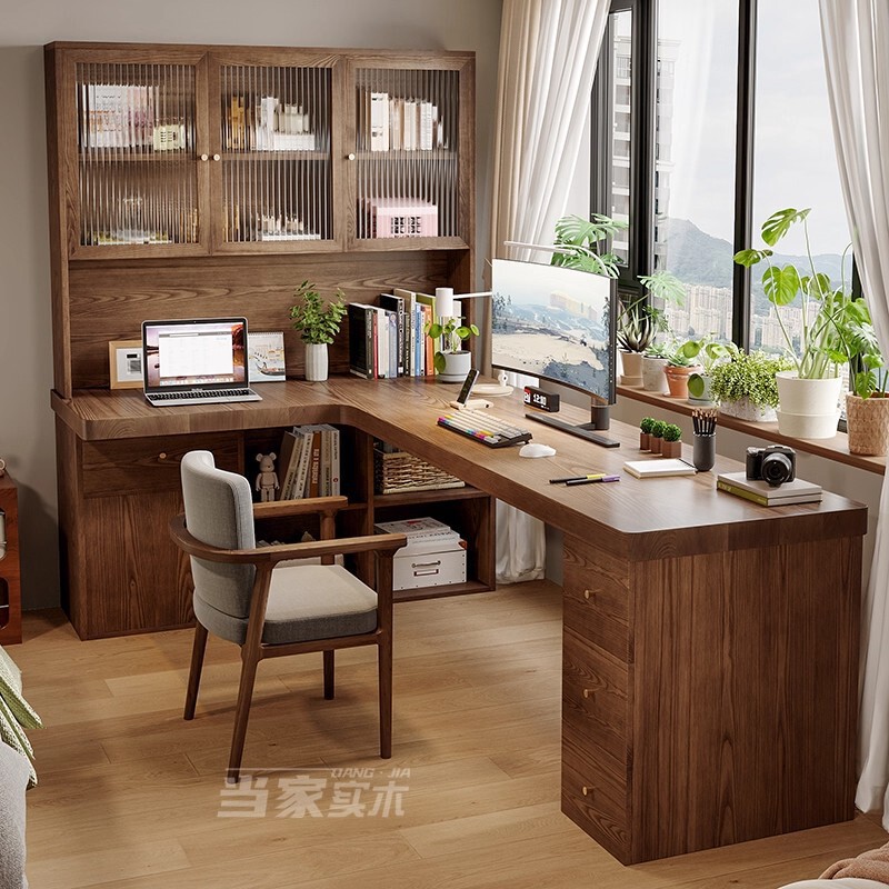 Solid Wood Corner Desk with Bookshelf, Integrated Computer Desk with Drawers, Study Desk, Writing Desk for Study Room, Adult Bedroom Bedside Table
