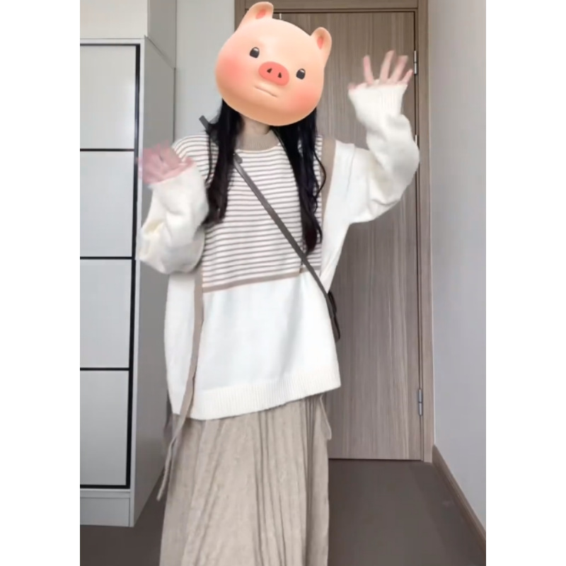 小个子穿搭秋冬毛衣条纹针织衫两件套气质半身裙温柔风时尚套装女|undefined