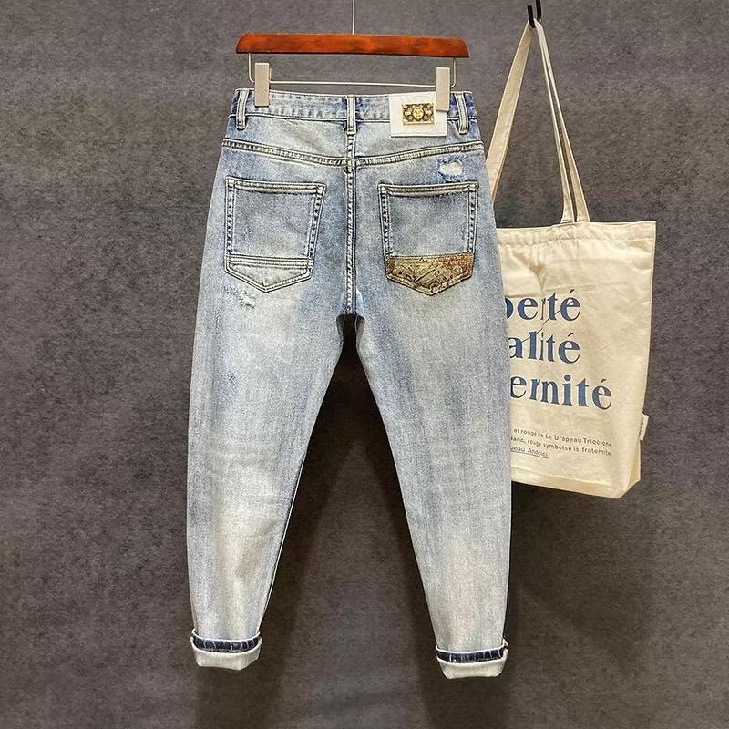 Spring And Autumn New European Style Trendy Bear Patch Ripped Jeans For Men High Street Slim Fit Skinny Pants_voghion.com