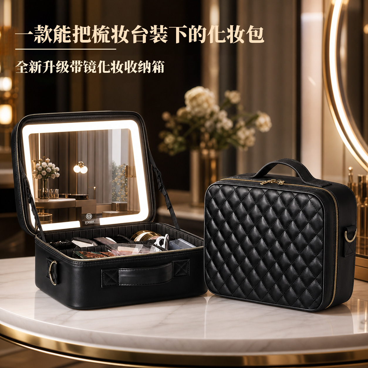 Bolsa de maquillaje con espejo de lámpara LED de gran capacidad maquillaje especial de alta calidad portátil desmontable caja de maquillaje pu