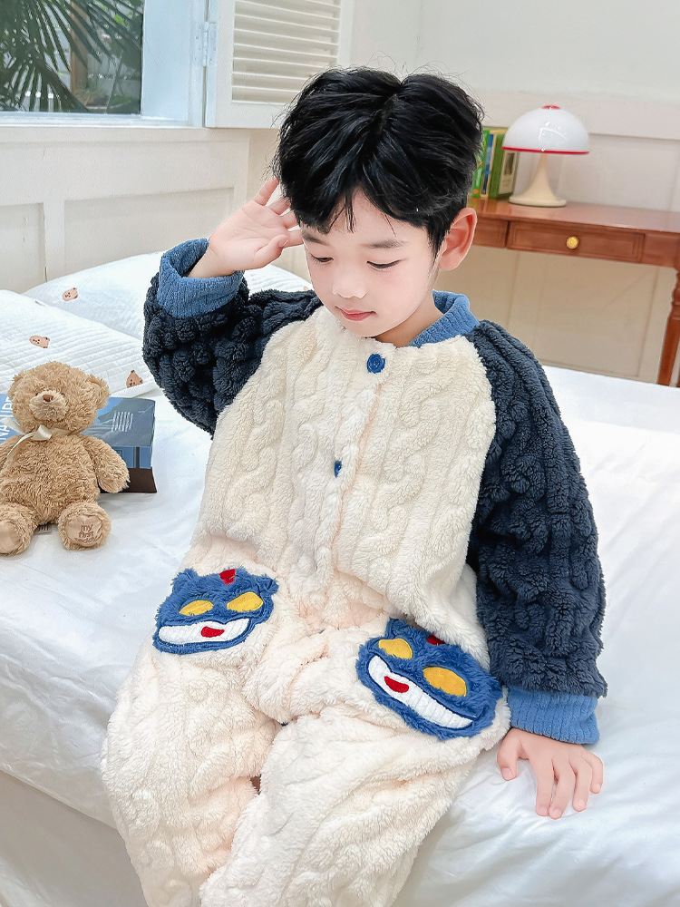 가을 겨울 소년을위한 소년 플란넬 잠옷  두꺼운 겨울 어린이 산호 양털 홈 옷