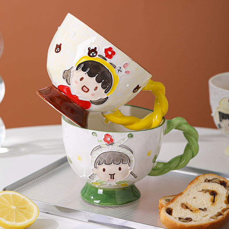 Hand-painted Relief Ceramic Breakfast Cup Large Capacity Oat Cup Cute Girl Water Cup High-Endurance Milk Cup Coffee Cup