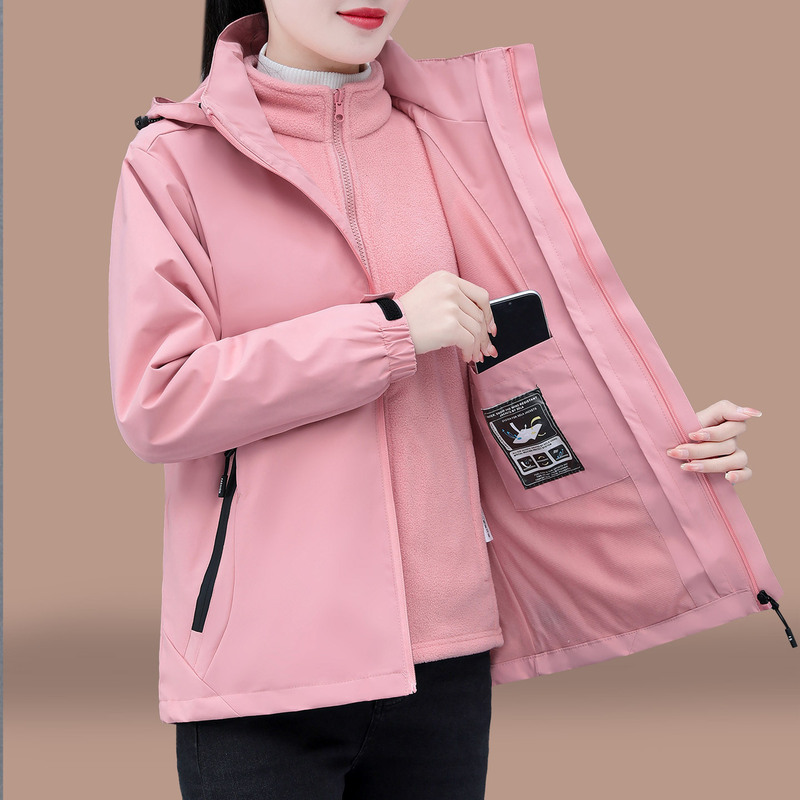 户外冲锋衣女2025新款春秋防风防水三合一可拆卸连帽夹克短款外套|undefined
